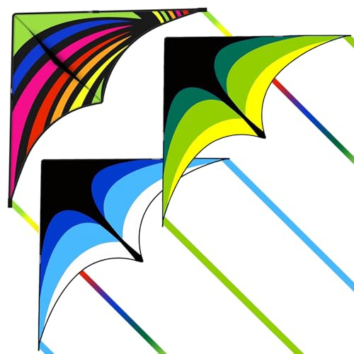 Kites for Kids and Adults, Easy to Fly for Beach, Single Line Kite Set for Beginners, 55 x 27 Delta Kites for Teens with 3 * 300FT Kite String(Green&Blue&Rainbow)