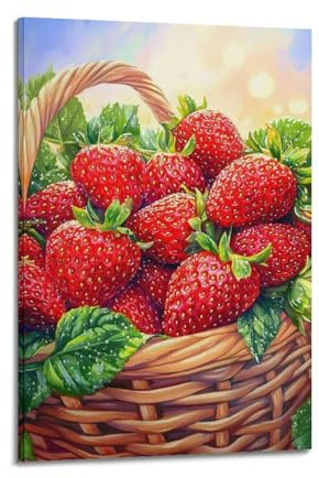 fhujgg Fruit Poster Basket Filled with Fresh Red Strawberries Poster Wall Art Canvas Aesthetic Cover Painting for Living Room Bed Room 12x18inch(30x45cm) Frame-style