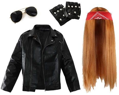 Adults Rock Star Costume - Large - Long Ginger Wig, Paisley Red Bandana, Sunglasses, Black Studded Gloves, Black Leather-Look Jacket - Mens 80s Rock Band Fancy Dress Costume