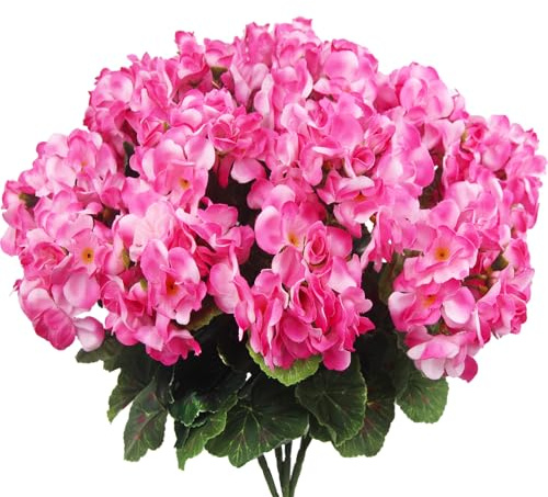 CEWUDA 4 Pcs Artificial Geraniums Silk Flowers Outdoor Artificial Geranium Bush Pink Faux Flowers Geraniums for Floral Home Decor Outdoor Indoor Garden Patio Grave Cemetary Vase Table Centerpiece
