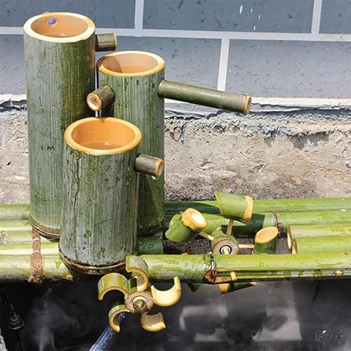 Handmade Bamboo Fountain, Solar Powered Freestanding Water Fountain, Zen Fountain with Rotating Windmill, Circulating Water Ornament for Fish Tank, Stone Trough, Garden