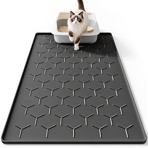 Katzenklo Matte aus Silikon, 61 * 41cm - Rutschfester Untersetzer zum Streu auffangen & Pfoten reinigen, Wasserdicht & leicht zu reinigen，Schwarz