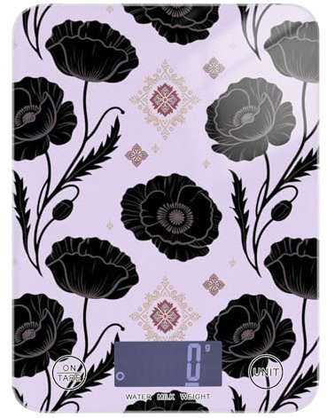 Bilancia digitale portatile vintage con fiori neri lilla per cucina 5 kg/5 g, bilancia digitale da cucina con 4 unità per fare sapone per perdere peso (batterie non incluse)