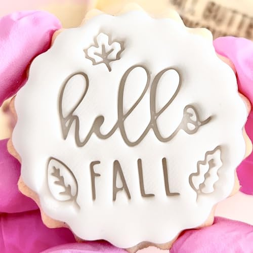 Hello Fall Autumn Leaves Cookie Cutter Stamp Embosser fits m&s Biscuits Great for Fondant Icing Reusable Marks and Spencers Autumnal Pumpkin Home Decor Ideas Party Favours Free Matching Cutter