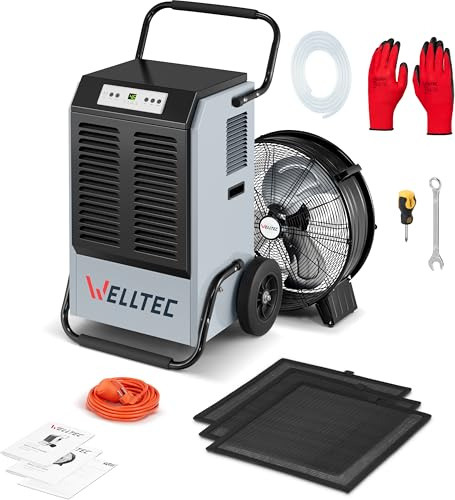 Welltec DHX50 Pro Luftentfeuchter | max. 50 l/24h | für Räume von 140 m² | Luftstrom max. 450 m³/h | mit Industrieventilator Welltec FX20