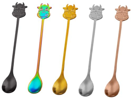 SOIMISS 5pièces Lot De Cuillères à Dessert Acier Inoxydable Tête De Vache Colorées Cuillères Remuant Café Originales Créatives Pour Café Expresso Et Dessert