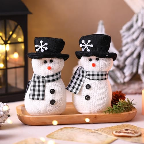 SmoothNovelty 2 Pcs Winter Snowman Plush Toys 6'' Snowman Figurines with Black and White Checkered Scarf Christmas Snow Man Table Centerpieces for Holiday Winter Home Table Fireplace Decor