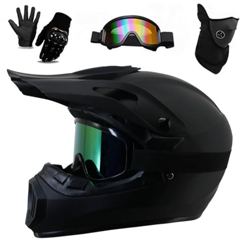 Casco Integrale da Moto Per Bambini E Adulti, Per Moto da Cross Elettrica, Quad, BMX, MTB, Fuoristrada, con Occhiali, Guanti E Maschera, Omologato DOT(226 monochrome,S(52-55CM))