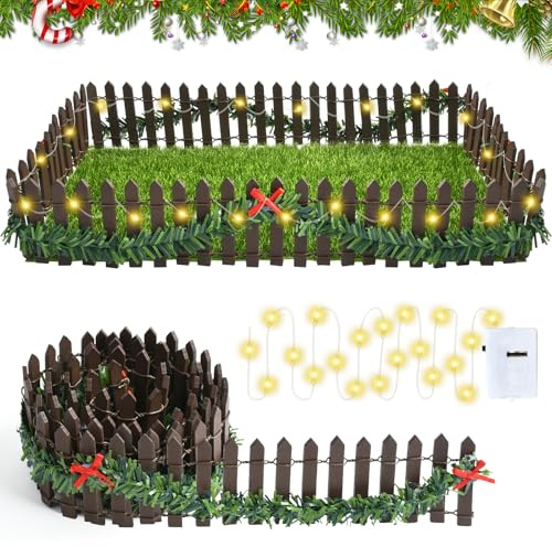 Clôture de Jardin Miniature, Miniature Clôture en Bois, Mini Clôture de Noël avec 200 cm Lumières, Mini Guirlande LED à Pile, Petite Guirlande Lumineuse, Accessoires Maison de Poupee (B)