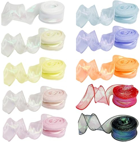10 rollos de organza de 4 cm x 9 m, tela de organza con purpurina, organza transparente de arcoíris, cinta de gasa, cintas decorativas para bodas, muebles, celebraciones, decoraciones de fiestas
