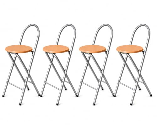 KMH® Barhocker Bill 4er-Set klappbar mit Lehne & Fußstütze – Silber/Buche | 73 cm Sitzhöhe, fertig montiert, platzsparend klappbar mit Stahlgestell & MDF-Sitz im Buchendekor – für Küche, Bar & Events