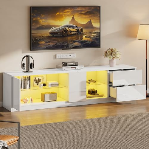 OKMYHOME Meubles TV avec Éclairage LED et 2 Tiroirs - Buffet Bas Haut Brillant en MDF et Verre Trempé, Blanc, 160×40×52 cm