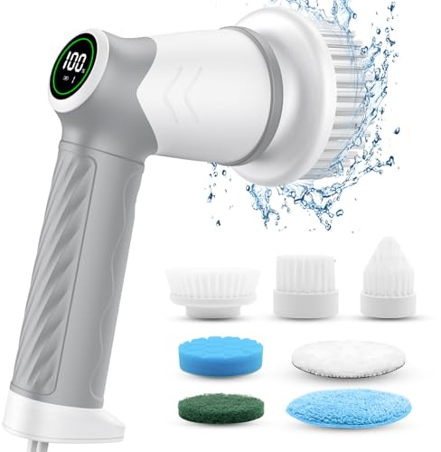 DAESUNG Electric Spin Scrubber, Cordless Power Scrubber & Electric Cleaning Brush with 7 Replaceable Heads, Dual Speed IPX7 Waterproof Handheld Scrubber for Bathroom, Shower & Tile Cleaning