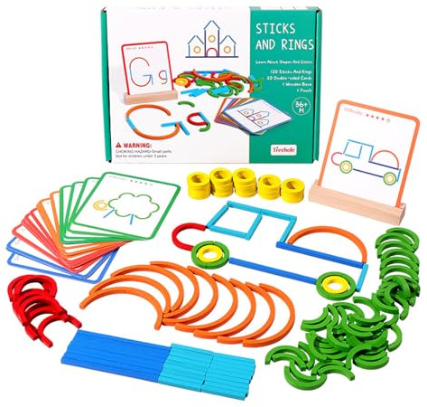 Montessori Steckpuzzle aus Holz, 120 Stäbchen & Ringe mit 20 doppelseitigen Vorlagekarten, Kreatives Lernspielzeug zur Förderung von Feinmotorik & Farb-Form-Erkennung für Kinder ab 3 Jahren – Inklusiv