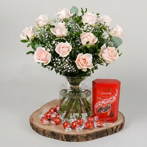 Fleur De Luxe Flower Of Love Pink Fresh Flower Bouquet With Chocolates, Romantic Valentine’s Day Gift, Hand Tied Mixed Blooms For Her, UK Online Florist Delivery