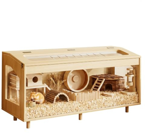 HOTAMO Wooden Hamster Cage with Acrylic Board Base, 39.4 | Solid Pine Wood Material