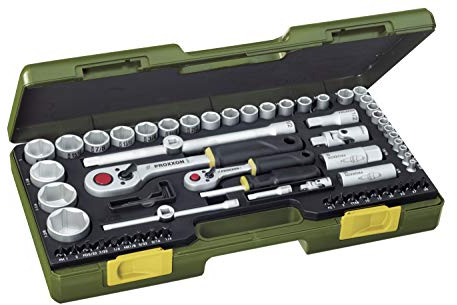 Proxxon 23294 Zoll Steckschlüsselsatz mit 6,3mm (1/4'') und 12,5mm (1/2'') Umschaltratschen und Nüssen 65teilig Werkzeug für zöllige Schrauben Muttern