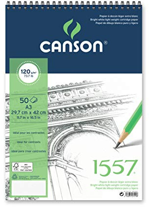 Canson 204127419 Spiral Block 1557, leicht gekörnt, 120 g/qm, 50 Blatt pro Block Spirale an der kurzen Seite, 297 x 420 mm, weiß