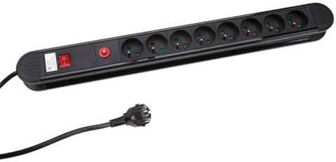 Perel Steckdosenleiste mit Schalter, Überlastschutz, 8 Steckdosen Typ E, Kabel 1.5 m, 3G1.5, Innenbereich, Schwarz/Rot