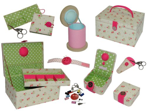 alles-meine.de GmbH 2 TLG. Nähkorb groß - mit Einsatz und Nadelkissen - Creme Rosen Stoff - Nähkasten Nähkästchen - bunt Handarbeitskorb