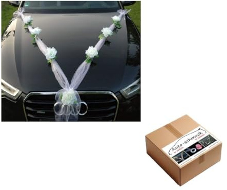 Organza M Auto Schmuck Braut Paar Rose Deko Dekoration Autoschmuck Hochzeit Car Auto Wedding Deko Girlande PKW (Weiß/Weiß)