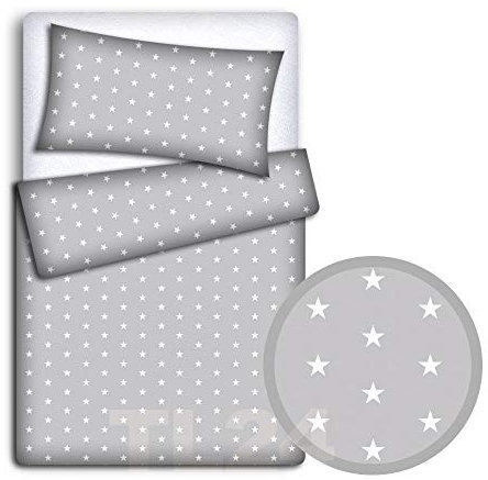 TheLittles24 Baby Newborn Bedding Set Pillowcase + Duvet Quilt Cover 2 Piece to Fit Cot Crib Cradle Pram 80x70cm (White stars on grey background)