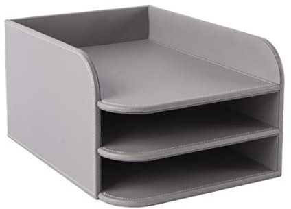OSCO Graue Designer-Briefablage aus Kunstleder, dreistöckig, A4, Schreibtisch-Ordner, Papieraufbewahrung, Büro-Dokumentensortierer, Papierablage, kein Zusammenbau erforderlich, H 17 x B 25 x T 33,5 cm
