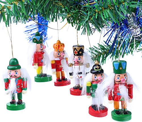 BRUBAKER 6-teiliges Set Nussknacker Holzanhänger | Baumschmuck für den Weihnachtsbaum - Weihnachtsanhänger Christbaumschmuck aus Holz - Handbemalt