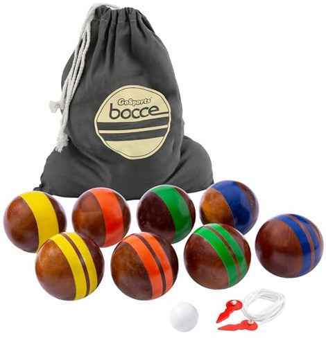 GoSports - Juego de bochas de madera dura de 100 mm con 8 bolas de madera prémium de 340 g, bochín, estuche y cuerda de medición