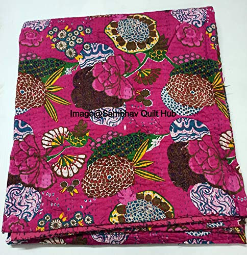 Sambhav Quilt Hub Gudri Tagesdecke für Queen-Size-Betten und King-Size-Betten, wendbar, reine Baumwolle, Kantha-Stil, floraler Obstdruck, dekorative Kantha-Steppdecke, 228 x 274 cm