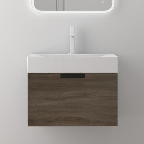 doporro Badmöbelset Waschtisch mit Unterschrank 60x45x48cm Unterschrank mit Mineralguss-Waschbecken Waschplatz in Eiche mit Soft-Close-Funktion Lonato