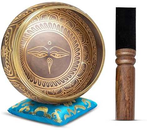 HIMALAYAN BAZAAR Tibetisches Klangschalen-Set – einfach zu spielen, authentisch handgefertigt für Meditation, Klangschale, Chakra, Yoga, Heilung, 10,2 cm (Gold - Türkis)