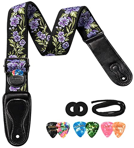 LEKATO Flower Bass Strap, Flower Guitar Strap for Bass, Electric & Acoustic Guitar 2 Wide Guitar Straps with Leather Ends Artistic Woven Guitar Straps with Pick Holder 2 Safty Strap Locks & 6 Picks
