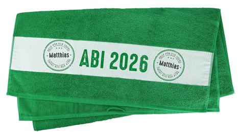 Herz & Heim® Badetuch zum Abi - 70 cm x 140 cm (B/H) - Reif für die Insel - mit Namen Grün