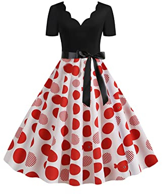 YMING Robe à Manches Courtes pour Femmes Vintage Col en V Robe de soirée Audrey Hepburn Blanc Rouge Point 3XL