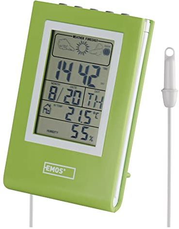 EMOS Stazione meteorologica digitale con termometro esterno e interno con sensore cavo da 1,9 m, previsioni meteo, data, ora, fasi lunari, sveglia, funzionamento a batteria, verde