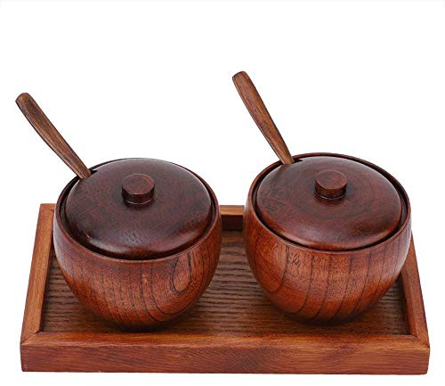 Beufee 2 uds caja de sal de madera con tapa y cuchara, azucarero de madera con bandeja contenedor de sal de cocina contenedor de sal redondo para sal de pimienta y especias