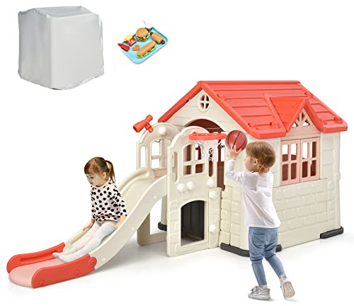 GOPLUS 8 in 1 multifunktionale Kinderrutsche, Entdeckung Spielhaus mit Basketballkorb, Rutsche, Kletterwand, Ringwurf, Fernglas, Tunnel, Picknicktisch & Essensspielset, für Kinder ab 3 (Rosa)