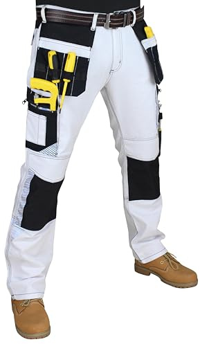 HASHOOB TRADING FZE Pantaloni da lavoro da uomo, in tessuto spesso, resistenti, con tasche multiple, per pittori, decoratori, pantaloni da lavoro, bianco-1, W32 / L32