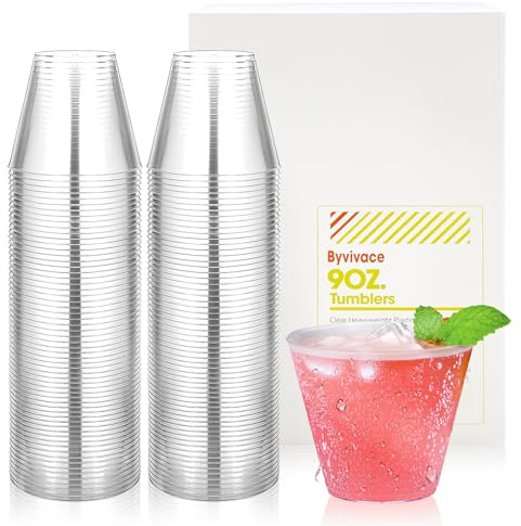 Byvivace 100Counts 9 OZ. Disposable Cups Old fashioned Party Tumblers, 9 Ounce Squat Cups Clear Hard Plastic Cups for Party Wedding