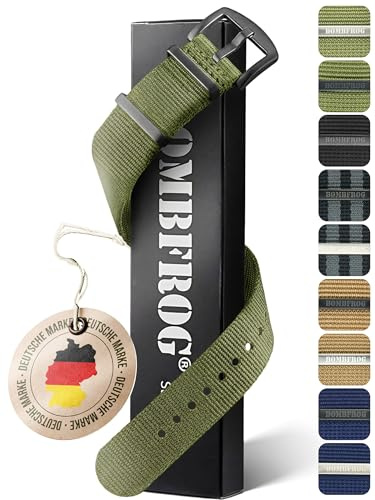 BOMBFROG NATO Strap Nylon Uhrenarmband 18mm 20mm 22mm 24mm Natoband Armband | Premium Natoband, franst nicht aus, verstellbar, Militär, Schließe schwarz/silber, Khaki/Navy/Oliv/Schwarz/Schwarz-Grau