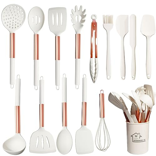 UXIYI Ensemble d'ustensiles de cuisine, ustensiles de cuisine en silicone, ensemble de spatules en silicone avec manche en acier inoxydable Rose Gold, outils de cuisine pour poêles antiadhésives,15PCS