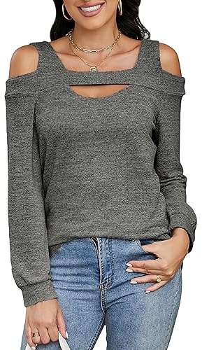 Heersan Camiseta Mujer Manga Larga Camisa Hombros Descubiertos Pullover Túnica Escote Cuadrado Top de Punto Otoño Nueva Llega