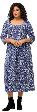 Ulla Popken Femme Grandes Tailles Robe en Jersey, imprimé Points Multicolores. Encolure carrée et Manches 3/4. Marine 66+ 825355130-66+