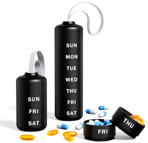 Zoksi Wöchentliche Tablettenbox 7 Tage, Medikamentenbox 7 Tage für Reise, Tragbarer Pillenbox, Stapelbare Medikamentenbox von 7 Fächer für Vitamine, Fischöl usw(Schwarz/feuchtigkeitsbeständig)