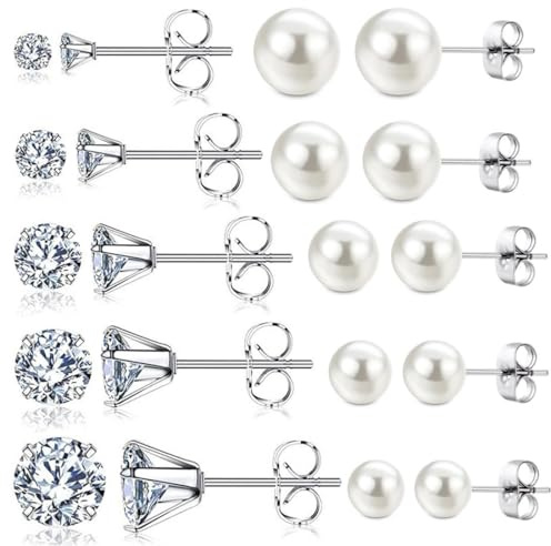 PLABBDPL 10 Paires Boucles d'oreilles Perles Blanches D'eau Douce, Bijoux pour Femmes