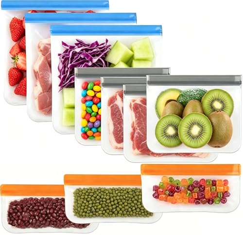 10 Pack Reusable Silicone Food Storage Bags - 3 Sizes BPA-Free Leakproof Ziplock Bags | Freezer & Dishwasher Safe for Sandwich Snack Liquid Fruit Lunch | UK Stock