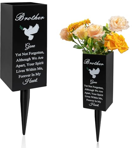 Brother Metal Cemetery Vases - Grave Decorations with Stake, Memorial Markers, Outdoor Yard Sign