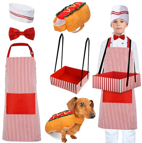 Vinsatin 5 Pcs 1950s Kids Waiter Costume with Hot Dog Pet Costume, Popcorn Soda Jerk Carnival Circus Party Cosplay(Medium,Stripe)
