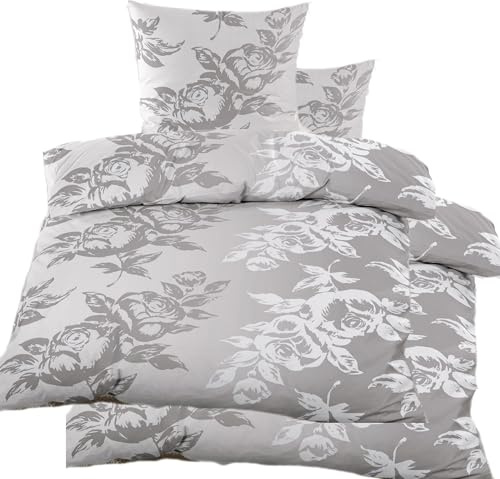 KH-Haushaltshandel 4-TLG. Biber Winter Bettwäsche 2X(135x200 + 80x80cm), grau, Blüten, Baumwoll Mischgewebe (40144)